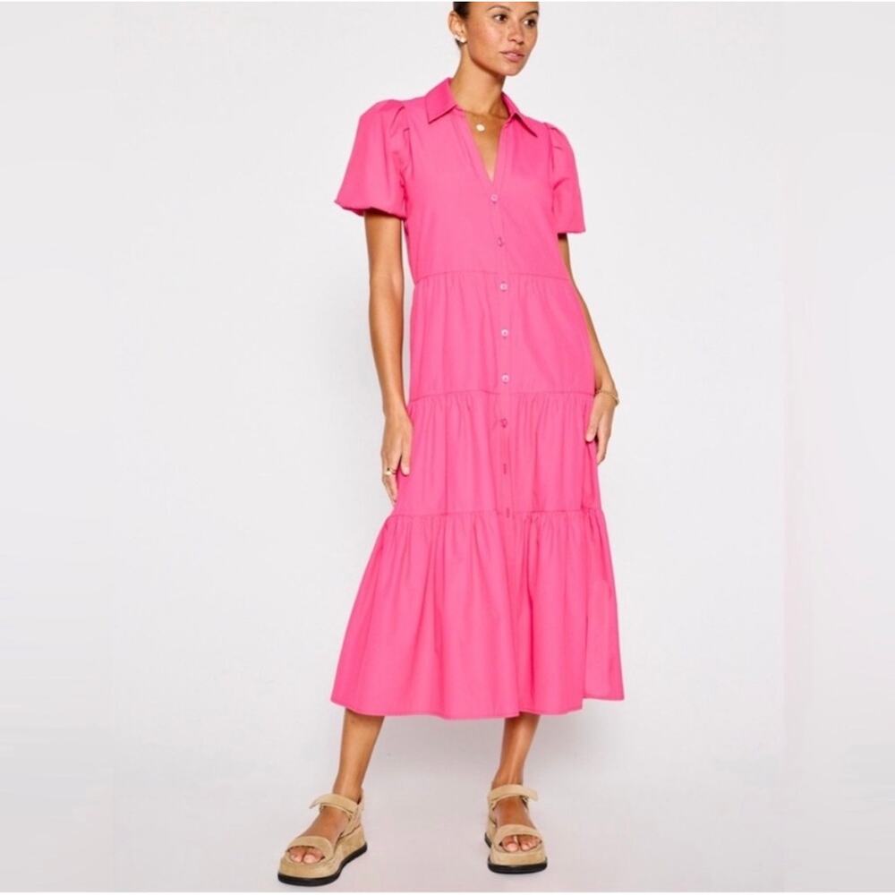 Brochu Walker Havana Dress Vibrant Pink Tiered Midi Shirt Dress Size Large